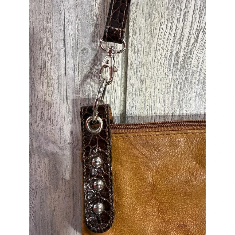 Lavorazione Artigianale Italy Tan Leather Foldover Crossbody Bag Croc Trim PAM